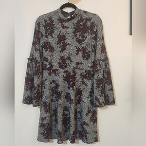 Love, Fire Grey Textured Dark Floral Bell Sleeved Fit & Flare Dress. Size M.